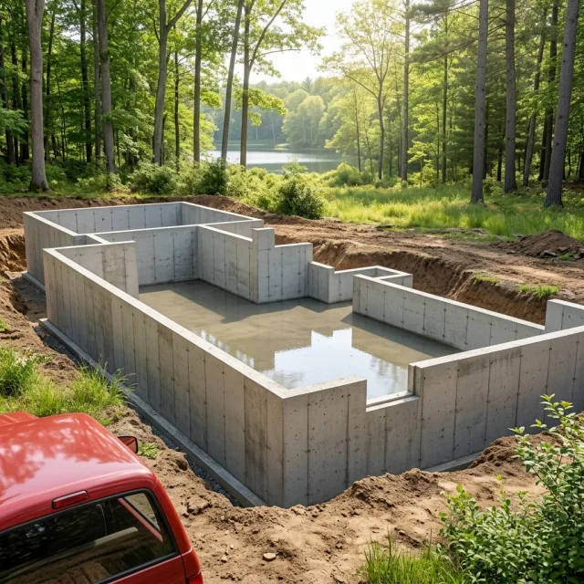 Completed residential concrete foundation on a sloping Maine site