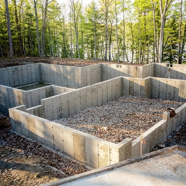 Concrete foundation walls on a wooded site