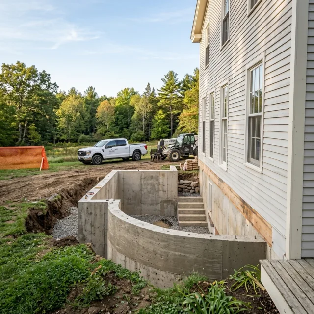 Curved concrete foundation wall beside a home