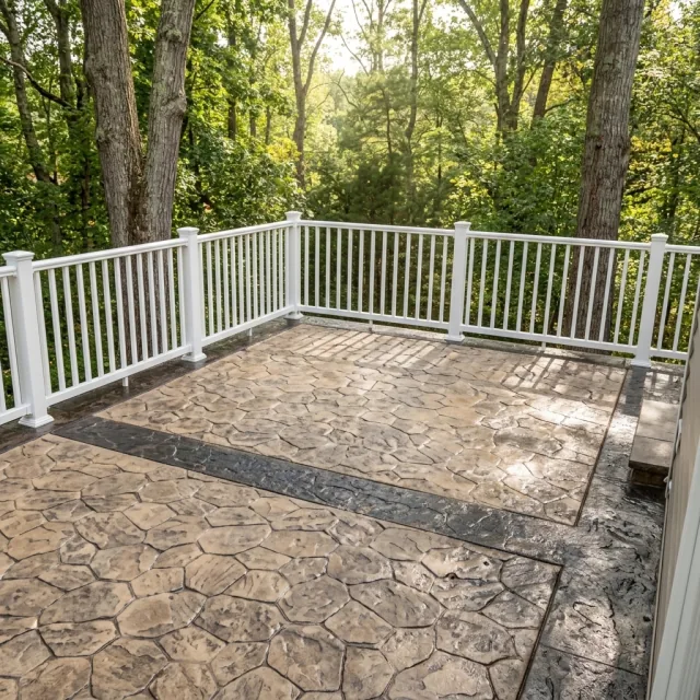 Decorative concrete deck with dark border and stone pattern