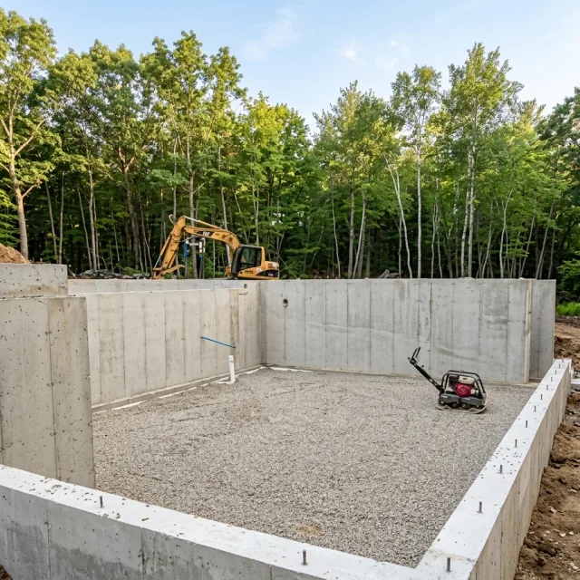 Prepared stone base within poured concrete walls