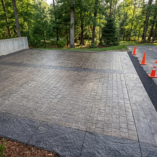Finished stamped concrete driveway with contrasting border