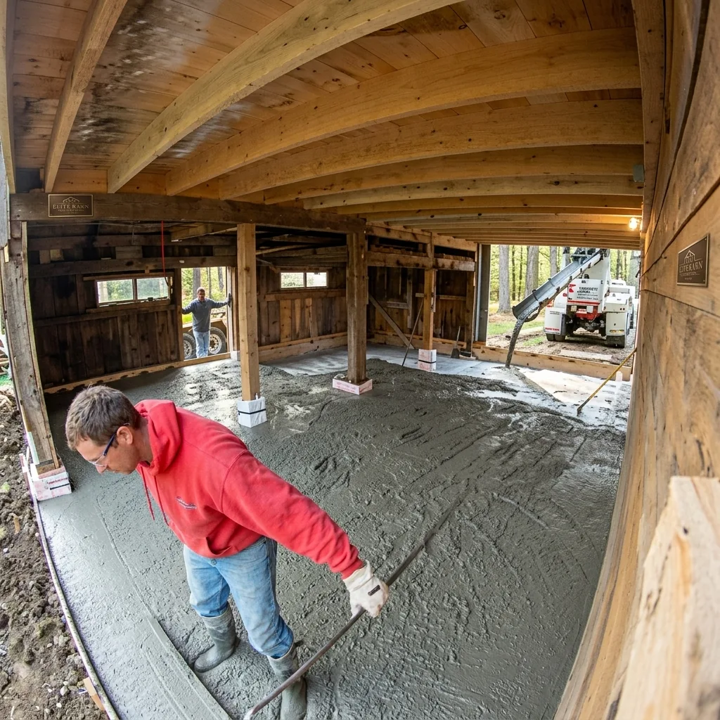 Worker finishing concrete during a barn remodel
